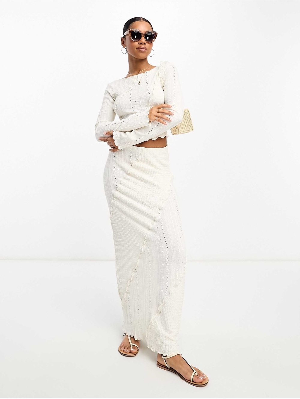 Miss Selfridge Cream Maxi Skirt with Diagonal Textured Panels